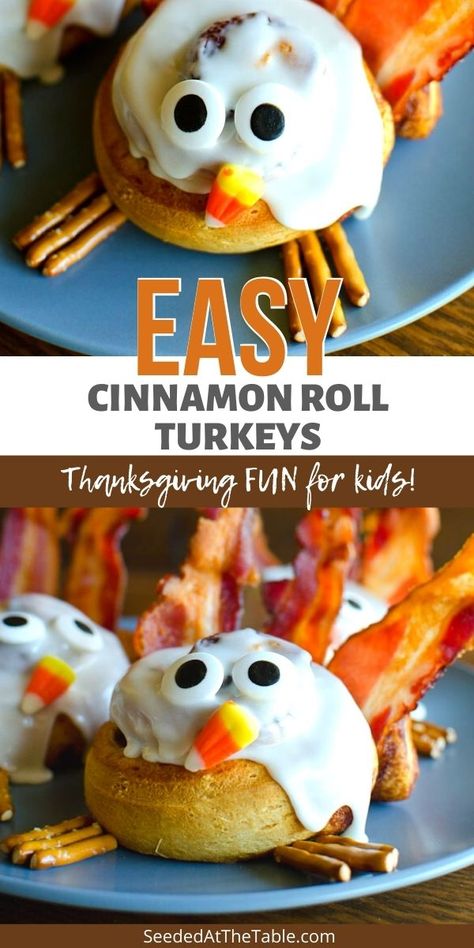 FUN Thanksgiving recipe for kids! They will love to decorate these EASY cinnamon roll turkeys and YOU will love to EAT them! Fun Thanksgiving Breakfast For Kids, Turkey Kids Snacks, Cinnamon Roll Turkey, Turkey Themed Snacks, Turkey Themed Snacks For Kids, Cinnamon Roll Turkeys, Candy Eyes, Thanksgiving Breakfast, Best Thanksgiving Recipes