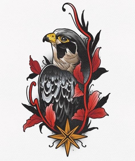 Neo Traditional Animal Tattoo Design, Falcon Tattoo Design, Neo Traditional Tattoo Design, Traditional Tattoo Animals, Falcon Design, Neo Traditional Art, Falcon Art, Character Design Concept Art, Hawk Tattoo