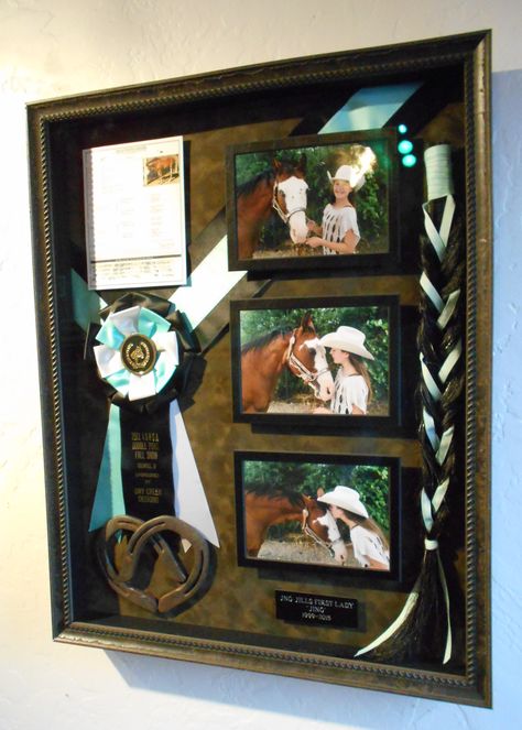 Memorial Shadowbox for a beloved horse Shadow Box Horse Show Ribbons, Ribbon Shadow Box Ideas, Western Shadow Box Ideas, Ideas Of Things To Do With Old Horse Show Ribbons, Horse Diy Decor, Horse Ribbon Shadow Box Ideas, Shadow Box Horse Memorial, 4-h Horse Projects, Shadow Box For Horse Memorial