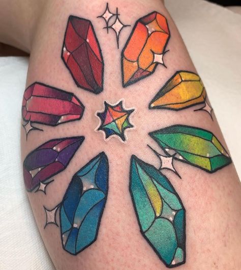 Crystal Tattoo Simple, Traditional Gem Tattoo, Irredescent Tattoo, Crystal Tattoo Traditional, Small Crystal Tattoo, Gem Stone Tattoo, Crystals Tattoo, Geode Tattoo, Gem Tattoo Design