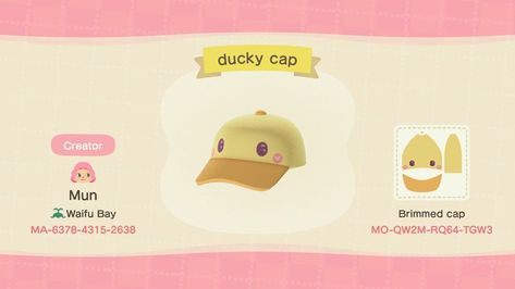 ACNH designer showcase! on Instagram: “ducky cap made by waifu_bay on twitter! ♡” Kimono Skirt, Forest Clothing, Ac New Leaf, Animal Crossing Guide, Animal Crossing Qr Codes Clothes, Acnh Codes, Qr Codes Animal Crossing, Animal Crossing Characters, Acnh Inspo