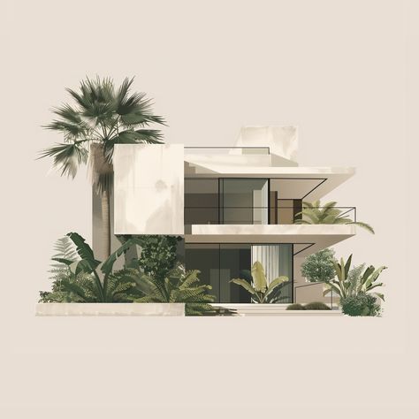 🌴 What is your fav sample? 1, 2, 3, or 4? For these samples I experimented with a fully illustrated style and tropical vegetation. I really liked the results: minimalist and aesthetic 🤌🏻 Tropical Modern House Design, Minimalist Villa Design, Minimalist Architecture Interior, Tropical Minimalist House, Minimalist House Exterior, Modern Tropical Interior Design, Minimalistic Architecture, Tropical Vegetation, Tropical Villa