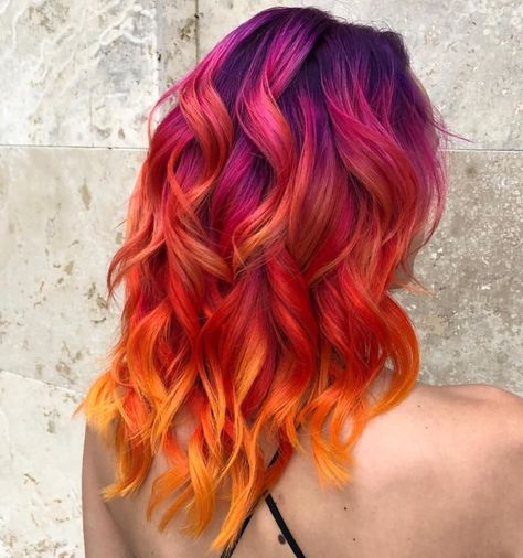 Sunset Hair Color, Flame Hair, Haircolor Ideas, Sunset Hair, Pulp Riot Hair Color, Vivid Hair Color, Pulp Riot Hair, Sunset Red, Multicolored Hair