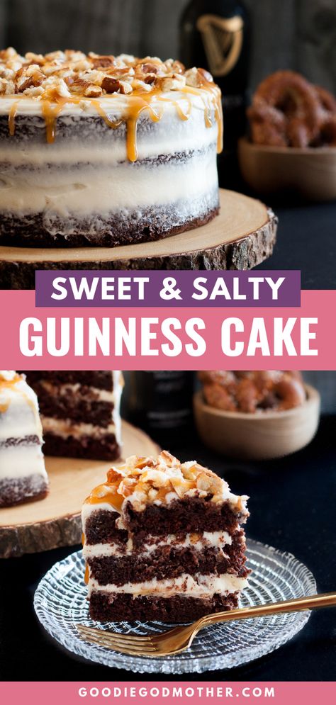 Sweet And Salty Cake, Guiness Cake Recipe, Boozy Cakes, Guinness Chocolate Cake, Fancy Deserts, Shortbread Bites, Hot Fudge Cake, Guinness Chocolate, Guinness Cake