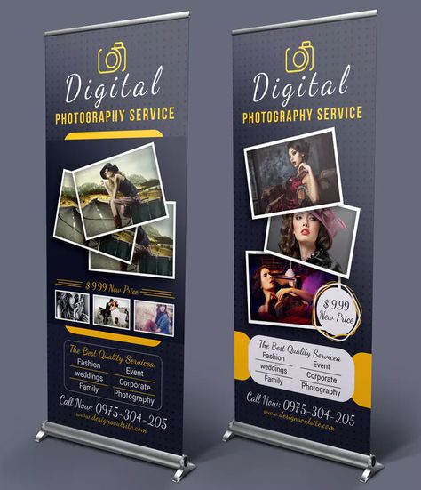 Photography Roll-up Banner Template PSD • 2 Layout Designs • CMYK Color Mode • 150 DPI Resolution • Editable Text • Print Ready Tarpaulin Design Layout Business, Photography Banner, Nautical Banner, Standing Banner Design, Rollup Banner Design, Tarpaulin Design, Shop Banner Design, Wedding Album Cover Design, First Communion Banner