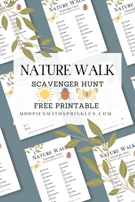 Nature walk scavenger hunt printable in bold black text with watercolor greenery, yellow and brown butterflies, and bright red ladybug free printables arranged on a bluish-gray background with large green leaves for decoration. Nature Walk Printable, Walk Scavenger Hunt, Nature Walk Activities, Nature Scavenger Hunt Printable, Nature Walk Scavenger Hunt, Fun Printables For Kids, Limit Screen Time, Fall Scavenger Hunt, Walking Outdoors