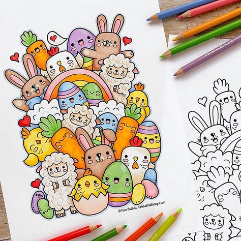 Cute Doodle Art Colourful, Doodling With Markers, Colorful Drawings Doodles, Easter Doodles, Easter Characters, Doodle Cards, Kawaii Easter, Doodle Cute, Doddle Art