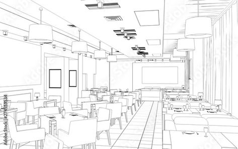 Stock Image: restaurant, 3D illustration, sketch, outline Restaurant Sketch, Sketch Outline, Hand Drawing, Illustration Sketches, Sketch Art, Art Hand, Design Background, 3d Illustration, Restaurant Design