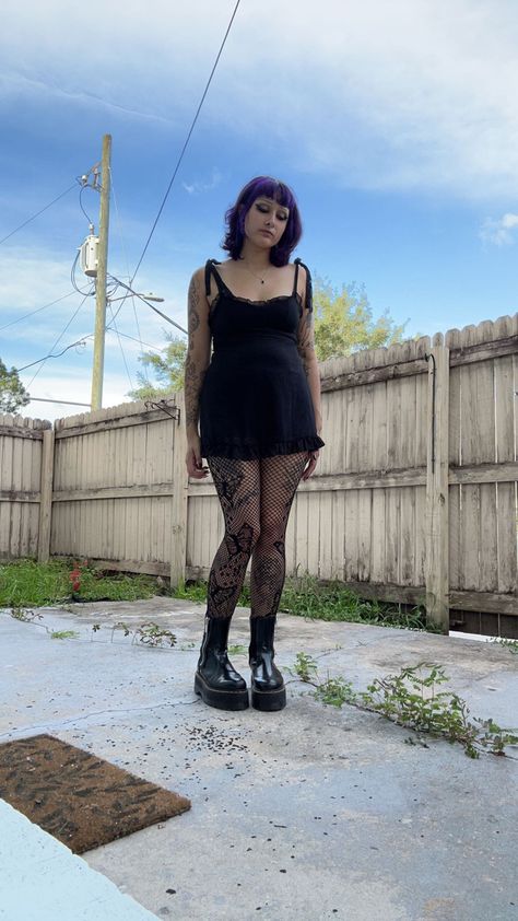 Black dress and fish nets with doc marten platforms #alternativegirl #alternative #alternativefashion #blackdress #goth #fashion #fishnets #docmartensstyle #platform #boots Doc Marten Platform, Dress With Fishnets, Fish Nets, Doc Martens Style, Doc Marten, Goth Dress, Alternative Girls, Doc Martens, Goth Fashion