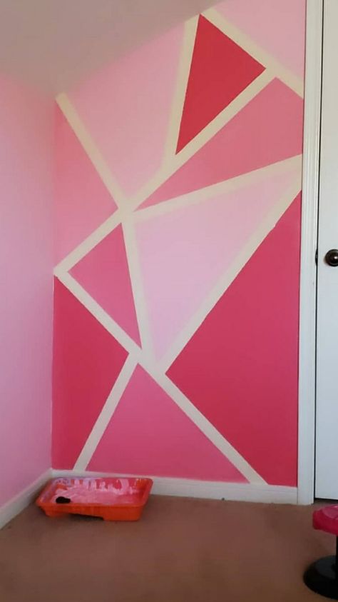 Easy Painters tape design for girls room in different shades of pink.  Entire makeover on YouTube Pink Shades For Bedroom, Painter Tape Designs Wall, Room Ideas For Kids Girls Easy, Pink Wall Mural Diy, Pink Paint Wall Ideas, Pink Wall Colour Combination, Pink Room Painting Ideas, Pink Wall Ideas Bedrooms, Pink Room Paint Ideas