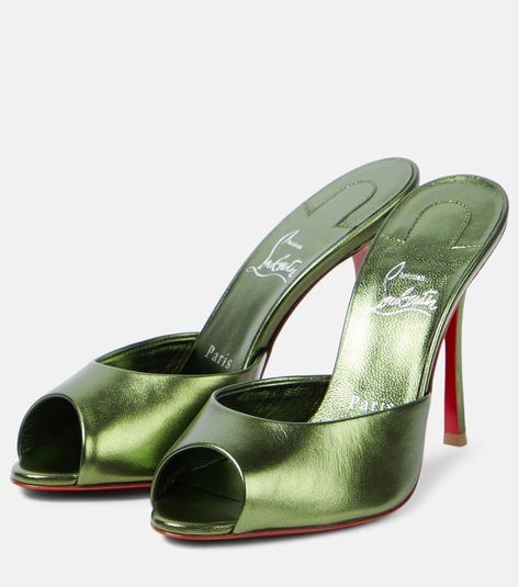 Me Dolly 100 metallic leather mules in green - Christian Louboutin | Mytheresa Louboutin Me Dolly, Louboutin Online, Lou Lou, Christian Louboutin Women, Leather Mules, Sandal Fashion, Louboutin Shoes, Metallic Leather, Christian Louboutin Shoes