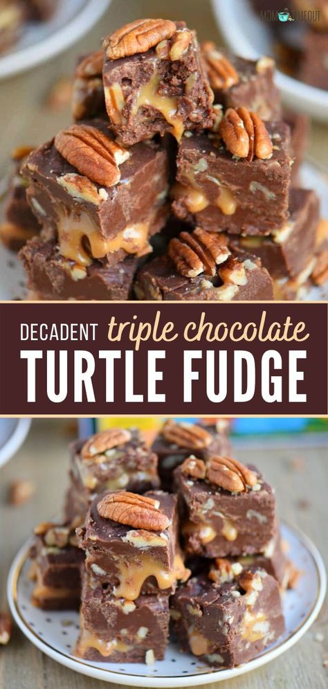 Triple Chocolate Fudge is the best fudge recipe and easiest fudge ever! This homemade recipe features three different types of chocolate and an ooey, gooey caramel center that is hard to resist. It the perfect dessert for the holidays or Christmas in July! Turtle Fudge, Holiday Fudge Recipes, Best Fudge Recipe, Chocolate Turtle, Holiday Fudge, Nutella Fudge, Homemade Fudge Recipes, Mom On Timeout, Chocolate Turtles