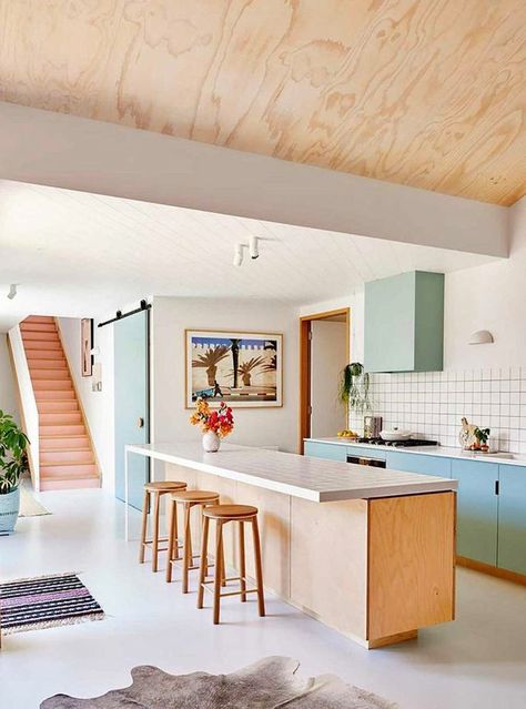 Material trend: plywood has gone domestic - Interior Notes Plywood Kitchen, White Kitchen Island, Plywood Cabinets, Charming Kitchen, White Kitchen Cabinets, Counter Top, Kitchen Colors, Küchen Design, Beautiful Kitchens