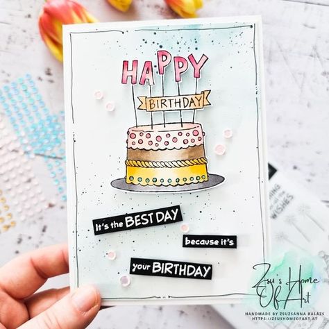 Stampin' Fancy Friday on Instagram: "From Zsuzsánna @zsuzsanna_balazs - You need a birthday card for a teen girl? Here it is. I love birthday cards with bright colors. I colored the birthday cake with Stampin' Blends and the background in Balmy Blue with a Blending Tool. I fussy cut the cake and added it with Dimensionals on the card. Created with the Best Day stampset. #stampinfancyfriday #fancyfridaychallenge #stampinup #papercraft #handmadecards #fancyfriends #artisanalumni #artisan #birthd Teenage Birthday Cards, Framed Cards, Halloween Cards Diy, Simon Hurley, Good Day Wishes, Happy Birthday Cards Handmade, Fancy Friday, Stampin Blends