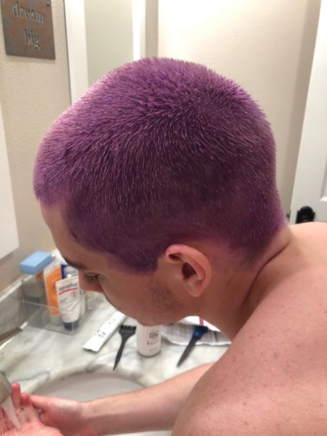 Lavender Buzzcut Men, Buzz It Dye, Purple Shaved Head, Short Purple Hair Men, Buzzed Hair Dye Ideas, Buzz Dyed Hair Men, Purple Dyed Hair Men, Purple Buzzcut Men, Lilac Buzzcut