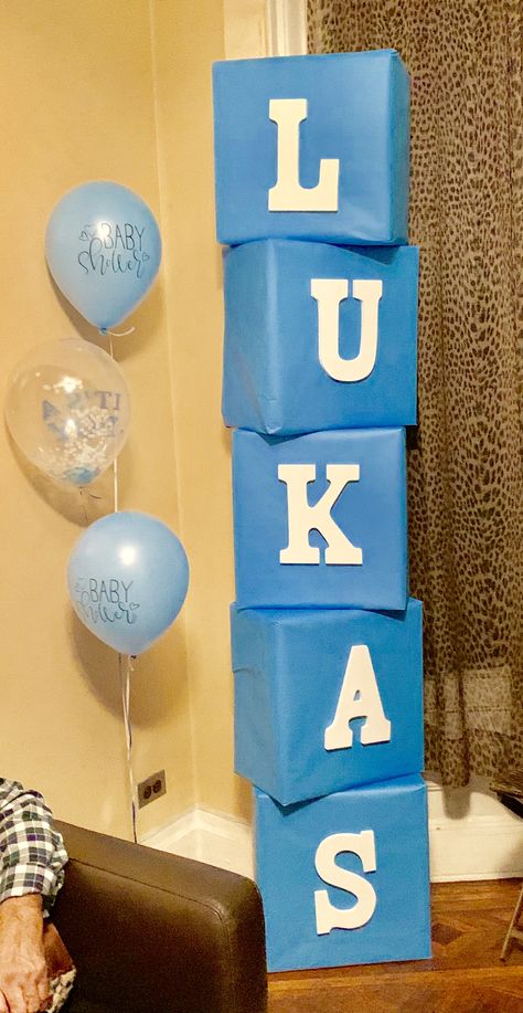 Heaven Sent Boy Baby Shower Theme (blocks with the name) Manualidades Para Baby Shower Ideas, Baby Shower Nene, Diy Baby Shower Decorations Boy, Ideas Para Baby Shower, Diy Baby Shower Decorations, Welcome Home Baby, Simple Birthday Decorations, Birthday Party Decorations Diy, Unisex Baby Shower