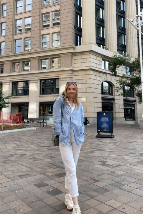 A great summer coastal grandmother and/or granddaughter outfit inspiration. This outfit includes white linen pants layered with a linen shirt and a classic blue and white striped oversized long-sleeve shirt. #summeroutfit #coastalgranddaughteroutfit #coastalgrandmotheroutfit  #coastalgranddaughter #whitelinenpants #blueandwhitestripedshirt #oversizedshirt #eastcoastoutfit #preppyoutfit Linen Shirt Outfit, Coast Outfit, Blue Linen Shirt, Oversized Long Sleeve Shirt, Blue And White Striped Shirt, Coastal Grandmother, White Linen Pants, Blue Striped Shirt, Summer Outfit Inspiration