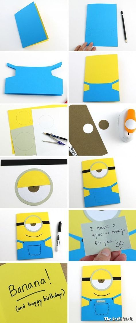 Use construction paper to create a simple Minion greeting card in 10 minutes. #minions #greetingscard #makeyourown #createtime #lessscreentime Minion Gift Ideas, Simple Greeting Cards Handmade, B Day Card Ideas, Simple Birthday Card Ideas, Minion Birthday Card, Easy Birthday Cards Diy, Greeting Cards Handmade Birthday, Minion Card, Paper Birthday Cards