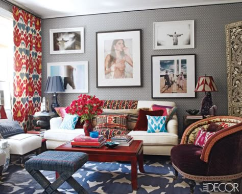 Fun prints. Hang Curtains High, Eclectic Living Room, Design Salon, Ikat Pillows, Decoration Inspiration, Family Rooms, New Wall, Places And Spaces, Elle Decor