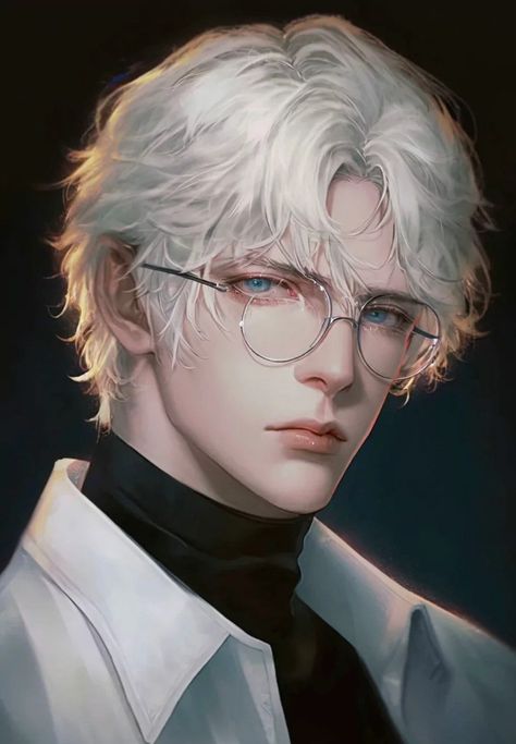 White Hair Green Eyes Anime Guy, Anime Men With Glasses, White Hair Character Art Male, White Hair Male Oc, Guys With White Hair, Silver Hair Men, White Hair Men, Boy With White Hair, White Hair Anime Guy