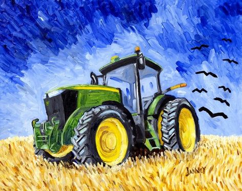 Tractor Painting Easy, Tractor Artwork, John Deere Art, Wheatfield With Crows, Crows Art, Old John Deere Tractors, Tractor Art, Field Paint, Train Table