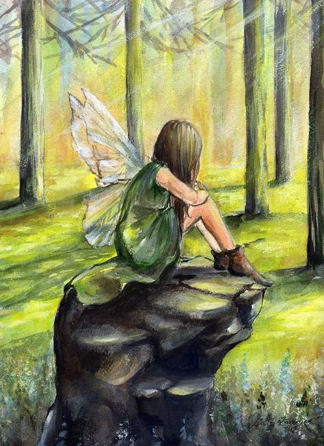 Marita Katariina - Alone in Sorrow. A fairy sits on a rock in the woods. Watercolour painting. Fantasy fairy art. Fairies Painting Acrylic, Fantasy Paintings Watercolor, Woodland Fairy Painting, Fairy Art Simple, Fairy Garden Painting Acrylic, How To Paint Fairies, Fairy Sitting Drawing, Acrylic Fairy Painting Ideas, Fairycore Painting Ideas