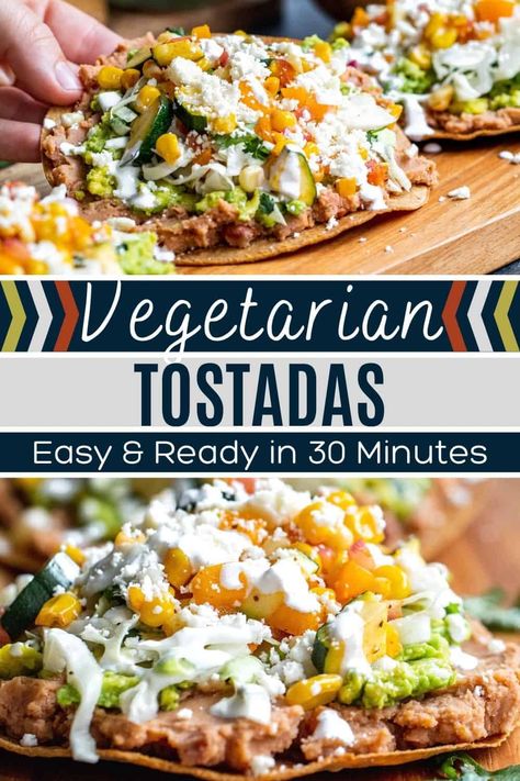 Healthy Vegetarian Dinner Recipes For Family, Healthy Tostadas Clean Eating, Vegetarian Tostadas Recipes, Vegetarian Dishes Breakfast, Healthy Dinner Meatless, Nice Vegetarian Dinner, Healthy Vegetarian Family Dinners, Refried Beans Recipe Meals Healthy, Meatless Mexican Meals