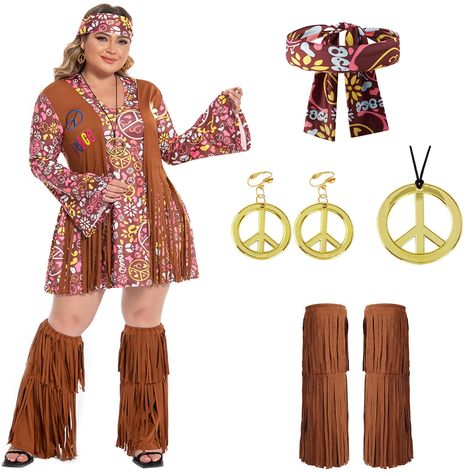 PRICES MAY VARY. Package Contents: This hippie costume set includes flower dress, flower headband, earrings, necklace and ankle socks with tassels. Embrace the essence of retro style with our 70s outfits for women. Nice Hippie Accessories Set: Our headband offers a nice fit, while the sturdy necklace and earrings showcase a charming peace design. The clip on earrings feature adjustable metal clasps, which you can easily adjust by hand to fit well against your ears, ensuring enhanced comfort and Hippie 60s Outfits, Plus Size 70s Outfits, Hippie Costume Ideas, Women's 70s Outfits, Plus Size Halloween Costume Ideas, 70s Costumes, 70s Outfits Black Women, 70s Party Outfit, Women 60s