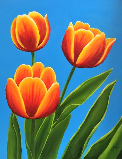 Oil Pastel Art For Beginners Flowers, Tulips Painting Easy, Tulip Painting Acrylic Easy, Tulip Paintings, Sunset Canvas Painting, Acrylic Flower Painting, Easy Acrylic Painting, Tulip Painting, Rainbow Painting