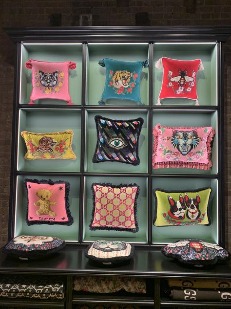 Gucci Furniture, Gucci Cushion, Gucci Home Decor, Gucci Pillow, Gucci Home, Gucci Store, Glam Room, Luxury Aesthetic, Store Interior