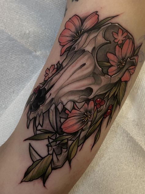 Animal Hand Tattoo, Neo Traditional Skeleton, Neo Traditional Sleeve Tattoo, Neo Traditional Leg Sleeve, Devil Dog Tattoo, Canine Skull Tattoo, Neo Traditional Animal Skull, Neotraditional Skull Tattoo, Cubone Tattoo