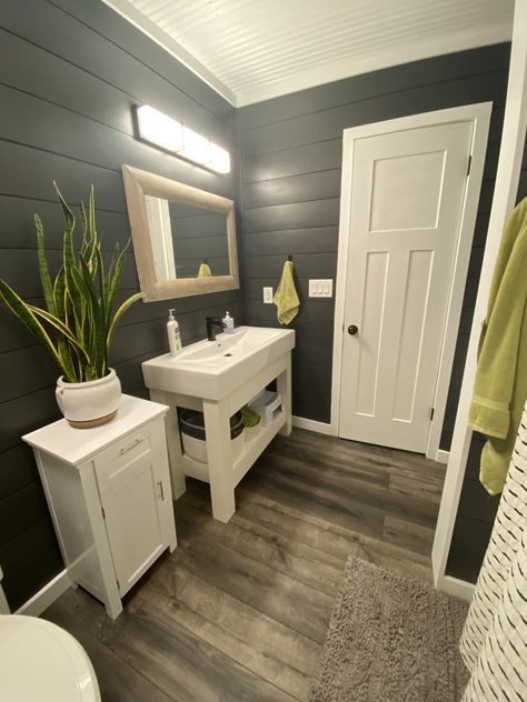 Half Bathroom Ideas With Shiplap, Shiplap Behind Sink In Bathroom, Small Bathroom Remodel Beadboard, Shiplap Bathrooms, Half Bath Vertical Shiplap, Bathroom Vanity Trends, Townhouse Bathroom, Small Master Half Bathroom Ideas, Half Bathroom Decor