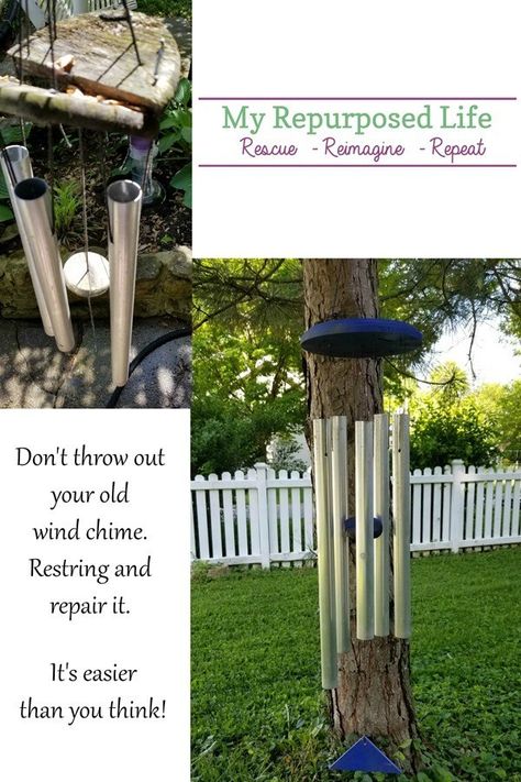 save the wind chimes How to restring and repair your favorite wind chime #MyRepurposedLife #repurposed #outdoors #windchime How To Repair Wind Chimes, How To Restring Wind Chimes, Diy Chimes, Diy Windchime, Wooden Bowls Diy, Townhouse Backyard, Wind Chimes Homemade, Art Pole, Thrift Store Decor