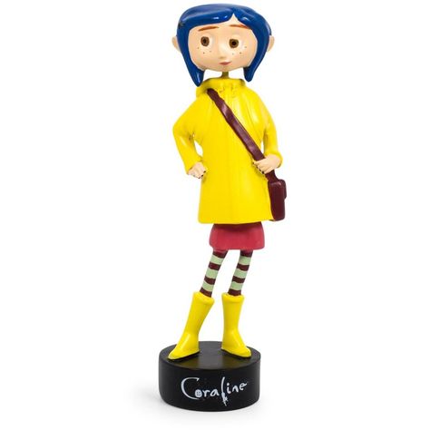 This Coraline bobble figure is ready to embark on a road trip, as long as it's not to the Other World! Wearing her iconic yellow rain coat, Coraline sticks to clean flat surfaces, dancing with every turn you make! This PVC plastic figure measures approximately 5 inches tall. Officially licensed. This product is for adults only. Rain Coat Drawing, Yellow Rain Coat, Coraline Costume, Coraline Jones, Bare Hands, Other World, Yellow Coat, Brown Satchel, Yellow Raincoat