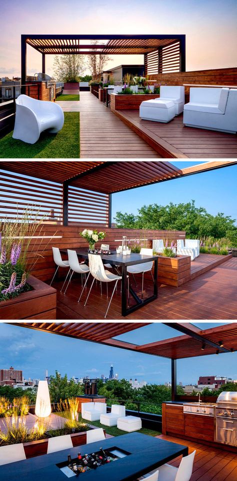 This rooftop entertaining area has all the essentials for hosting a party including ample lounge seating, an outdoor kitchen and dining table located under a pergola, and soft mood lighting. Rooftop Garden Urban, Rooftop Patio Design, Backyard Dining, Terrasse Design, Rooftop Terrace Design, Balkon Design, Rooftop Design, Desain Lanskap, Rooftop Patio