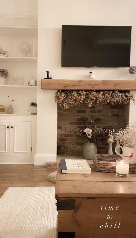 Log Burner Fireplace Ideas Modern, Country Media Wall, Farmhouse Media Wall, False Chimney Breast With Tv, Fake Chimney Living Rooms, Log Burner Tv Wall, Open Fireplace Ideas, New Build House Decor, Cottage Fireplaces