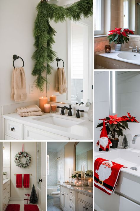 Add a touch of holiday magic to your bathroom with these Christmas decor ideas. Perfect for creating a joyful and festive space! #ChristmasBathroomDecor #XmasBathroomDecorIdeas #ChristmasBathroomDecorations Christmas Bathroom Mirror Decorations, Holiday Bathroom Decor Christmas, Powder Room Christmas Decor, Christmas Bathroom Decor Ideas, Bathroom Christmas Decor, Rustic Wreaths, Holiday Bathroom, Christmas Apartment, Christmas Bathroom Decor