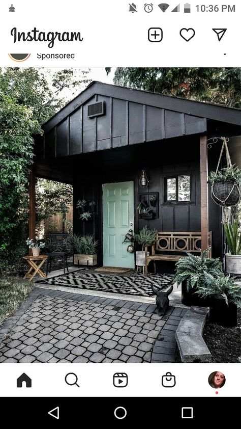 Black She Shed, She Shed Makeover, Shed To Home, She Shed Craft Room, Black Shed, Tricorn Black, Shed Makeover, Pool Shed, Forest Cottage