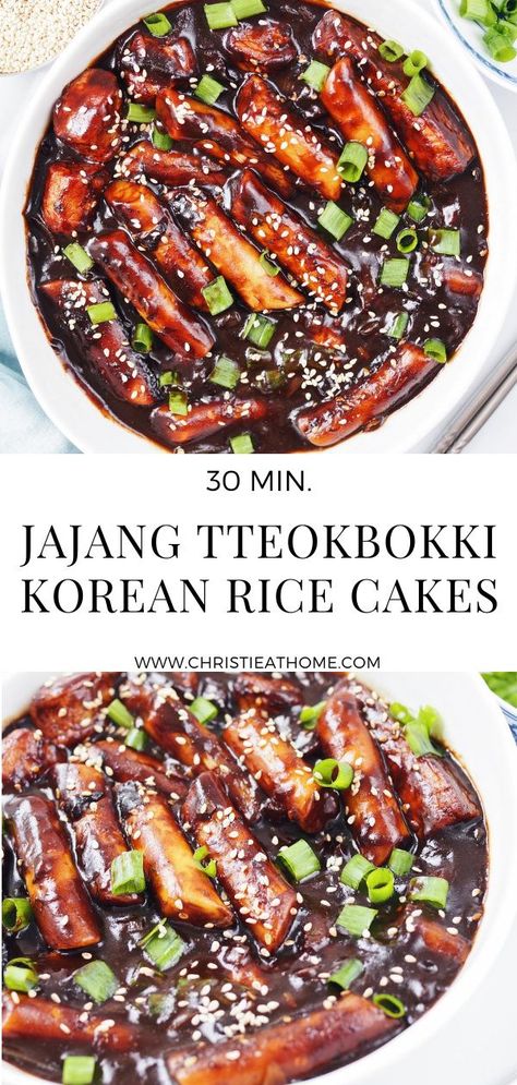 Jajang Tteokbokki. Korean rice cakes smothered in a roasted black bean onion sauce with bouncy fish cakes. The perfect snack or side dish. Ready in 30 minutes! #koreanrecipe #koreanfood #jajangtteokbokki #tteokbokki #ricecakes Sauce For Korean Rice Cakes, Recipes For Rice Cakes, Tteok Recipe Ideas, Sweet Tteokbokki Recipe, Black Bean Tteokbokki, Recipes Using Korean Rice Cakes, Korean Rice Cake Sauce, Sliced Korean Rice Cakes, Vegan Korean Rice Cake Recipes