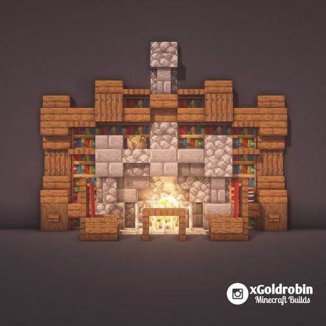 Tutorial | Bookshelf with fireplace. 📚 ▶ Follow @xgoldrobin for more Minecraft Buildings ideas & designs! 🏡 ▶ Everything is built by me! 😃… Bookshelf With Fireplace, Minecraft Room Decor In Game, Minecraft Fireplace Ideas, Goldrobin Minecraft, Minecraft Fireplace, Chalet Minecraft, Minecraft Room Decor, Memes Minecraft, Construction Minecraft