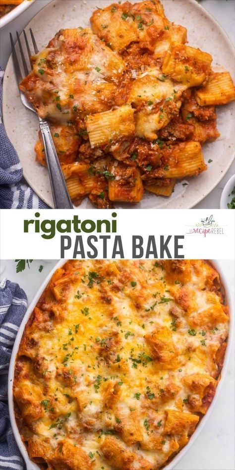 Meals Ground Beef, Rigatoni Recipes Easy, Rigatoni Pasta Bake, Italian Sausage Pasta Bake, Rigatoni Pasta Recipes, Sausage Pasta Bake, Pasta Bake Easy, Rigatoni Recipes, Ground Beef Pasta