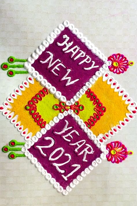 New year rangoli 2021: Happy new year rangoli New Year Designs Rangoli, Happy New Year 2024 Rangoli Designs, New Year Rangoli Designs Latest Unique, Happy New Year Rangoli Design, Paint Rangoli, Jhoti Design, Happy New Year Rangoli, Rangoli Designs Videos, New Year Rangoli Designs