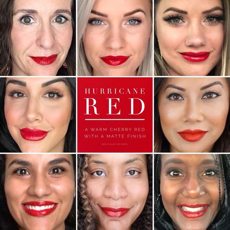 Senegence Lipsense: Hurricane Red, A Warm Cherry Red With A Matte Finish. Warm Red Lipstick, Red Color Chart, Lipsense Colors Chart, Fall Lip Color, Makeup Collage, Red Lipsense, Fall Lips, Lipsense Gloss, Senegence Makeup