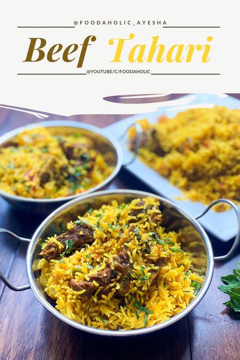 Have you ever tried adding beef to your tahari recipe? It just takes the recipe to the next level. Beef Tahari is a pakistani indian cuisine. Its turmeric rice or yellow rice with beef Tumeric Beef Recipes, Tumeric Rice Recipe, Tehari Recipe, Tahari Recipe, Tumeric Rice, Turmeric Rice, Saffron Rice, Indian Rice, Yellow Rice