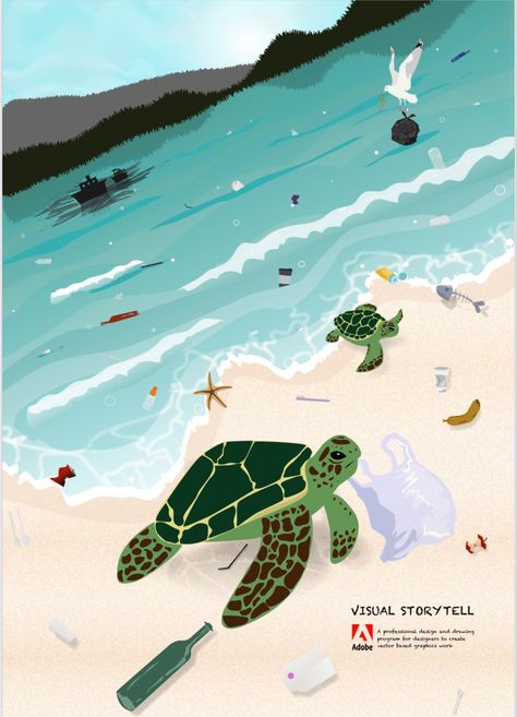 Turtles eating plastic litter on beach. More waste floating on sea. Oil spill from ships. Seagull picking up trash. Plastic Drawing, Sea Turtles Art, Trash Drawing, Poster Sampah Plastik, Trash In The Ocean Drawing, Picking Up Trash Drawing, Beach Cleanup Poster, Save Ocean Illustration, Sea Pollution Illustration