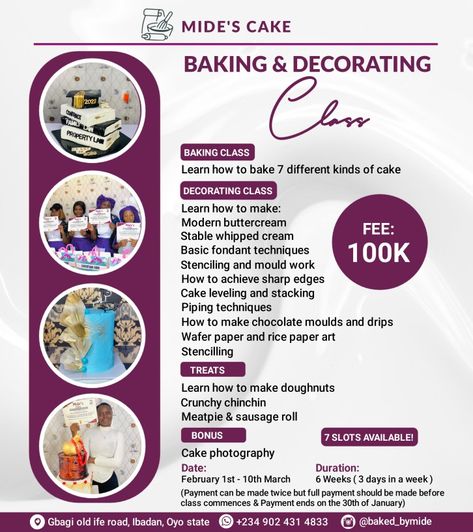 Instagram Post ( Baking & Decorating Tutorial) Baking Classes Poster, Sales Flyer Design, Class Poster Design, Skill Acquisition, Bake Sale Flyer, Free Flyer Design, Different Kinds Of Cakes, Fondant Techniques, Sales Flyer