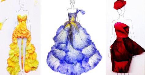 Student and fashion illustrator Grace Ciao uses real flower petals to design gorgeous fashion gowns. Grace Ciao, Flower Petal Dress, Dress Illustration, Dress Sketches, Dress Drawing, Trendy Flowers, Illustration Fashion Design, Fashion Design Sketches, Floral Fashion