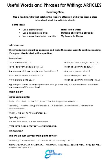 FREE DOWNLOAD: Useful words and phrases for writing articles How To Summarize An Article, Article Writing Tips For Students, Phrases For Writing, Describing Words, Writing Articles, Writing Classes, Digital Footprint, Words And Phrases, Exam Papers