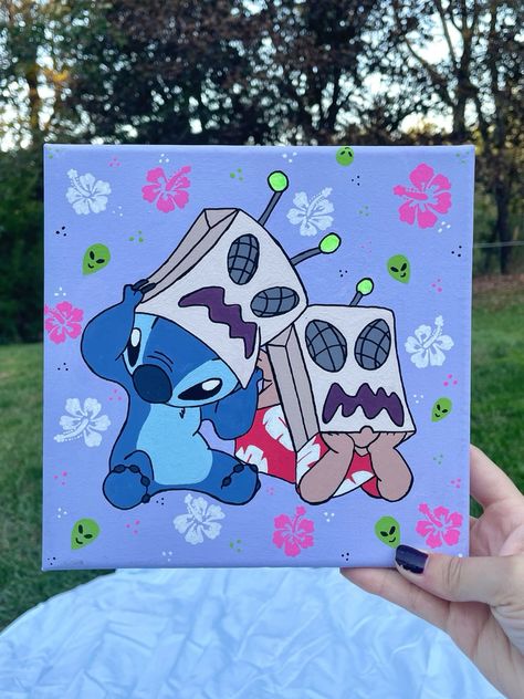 Lilo And Stitch Painting Canvases, Stitch Disney Painting, Stitch Painting Ideas, Stitch Painting Canvases Easy, Disney Paintings On Canvas, Disney Character Paintings On Canvas, Simple Disney Paintings, Disney Canvas Painting, Halloween Lilo And Stitch