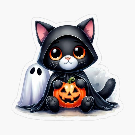 Get my art printed on awesome products. Support me at Redbubble #RBandME: https://www.redbubble.com/i/sticker/Cute-cartoon-halloween-black-cat-in-ghost-suit-with-pumpkin-Watercolor-Happy-Halloween-by-ARTMANIA-LAB/165667948.O9UDB?asc=u Jack O Lantern Cat, Mad Face, Pumpkin Watercolor, Cartoon Halloween, Devian Art, Halloween Black Cat, Halloween Bat, Halloween Cartoons, Cartoon Faces